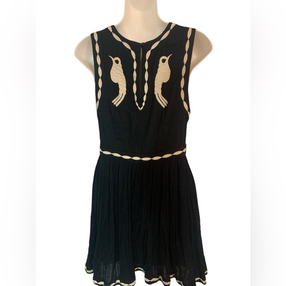 FREE PEOPLE Birds of A Feather Embroidered Mini Dress Black Sz 6 - Picture 4 of 10